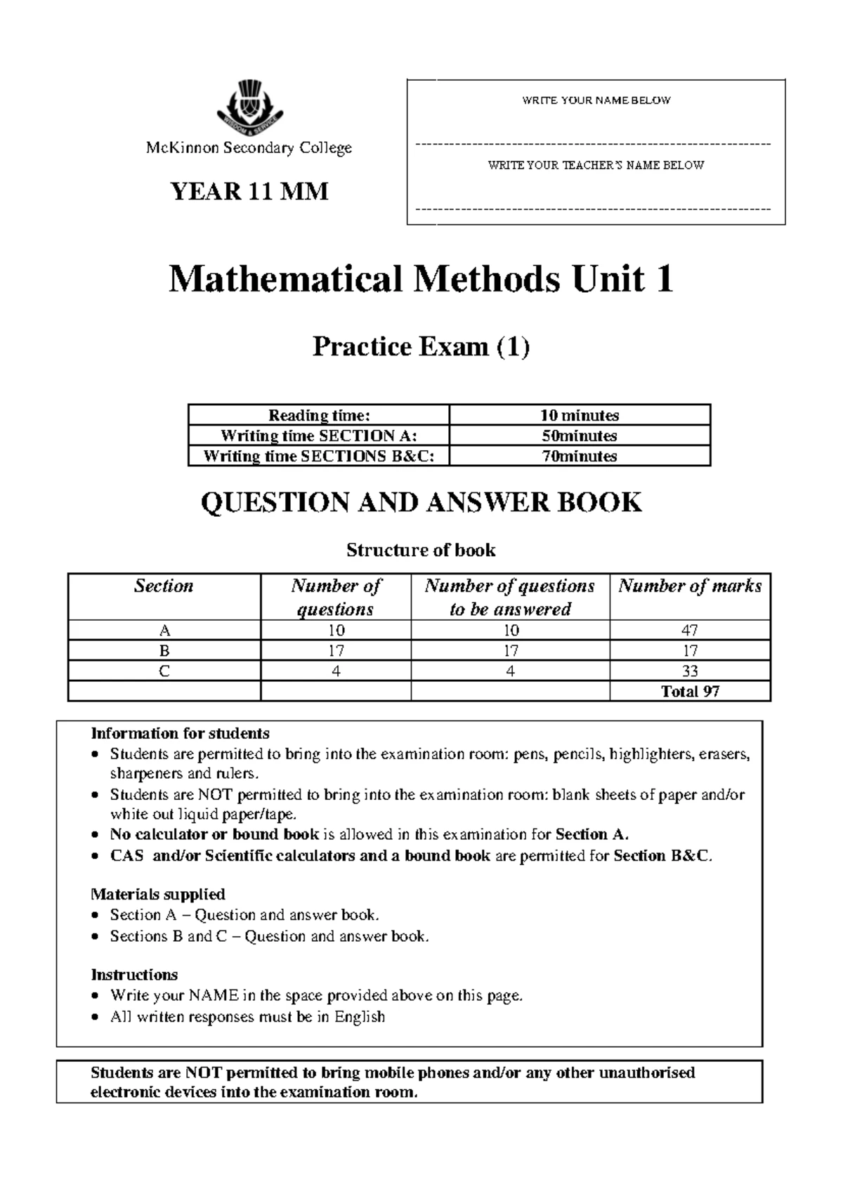 2021 Maths Methods Units 1 & 2 Trial Exam Paper 1 - Studocu