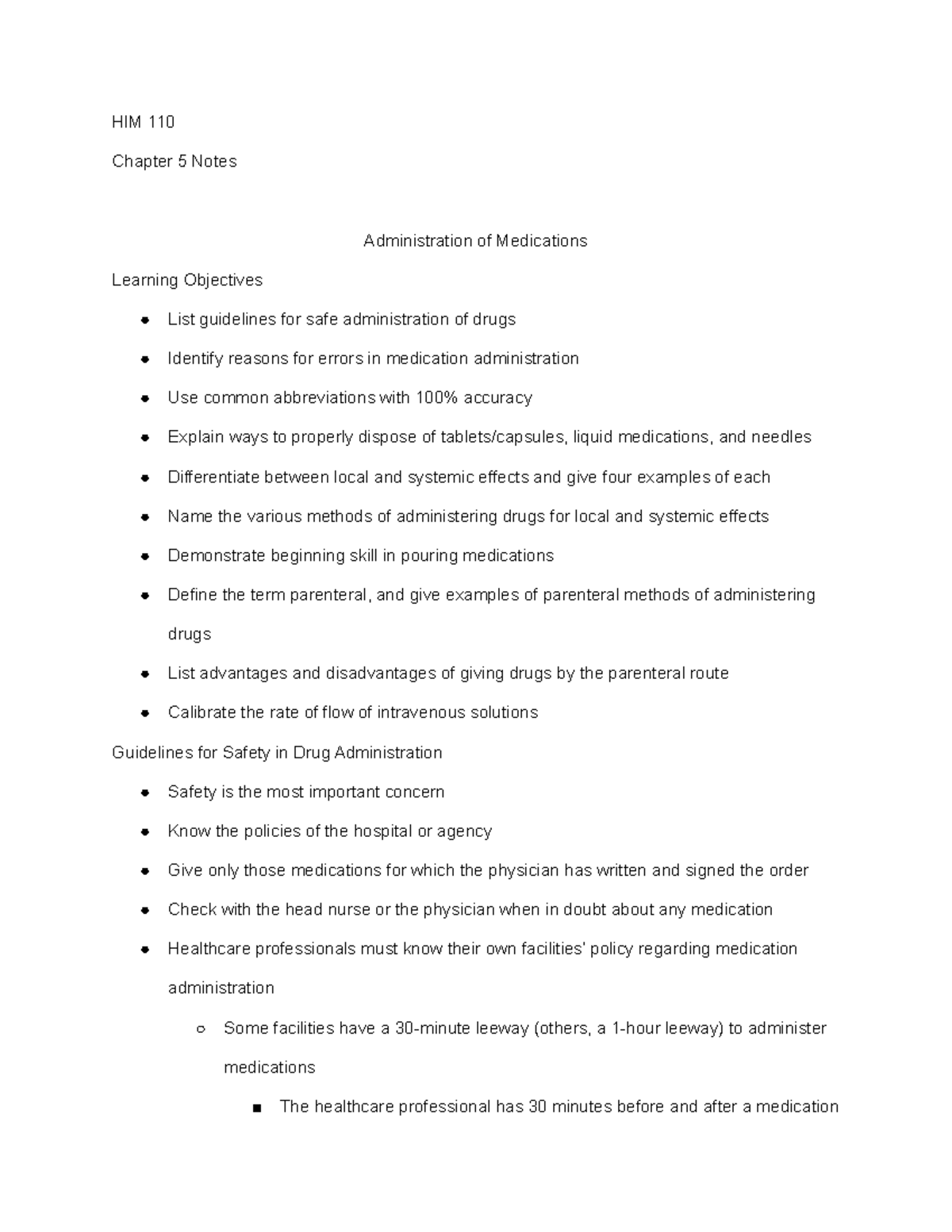 HIM 110 - Chapter 5 Medication Administration Notes - Studocu