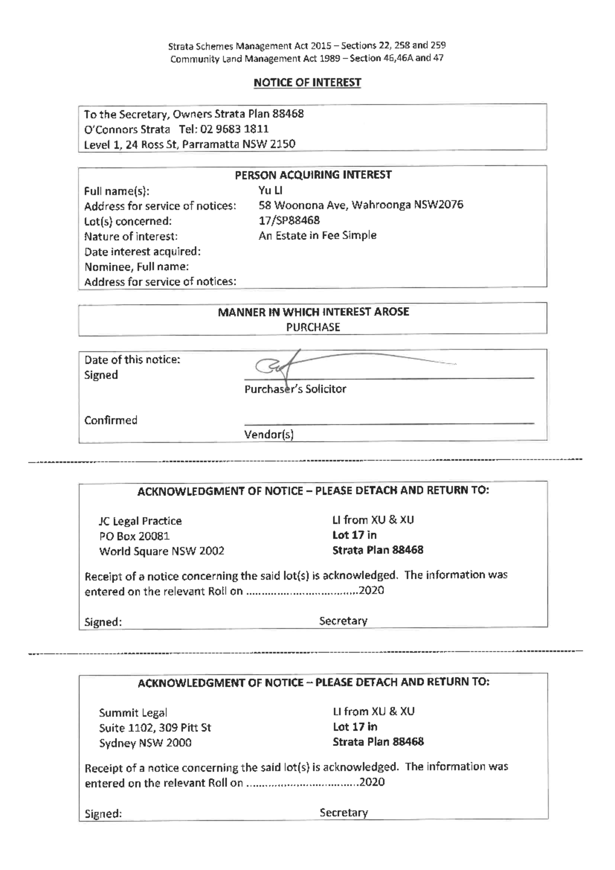 Strata Plan 88468 Notice of Interest - Sections 22, 258, 259 - Studocu