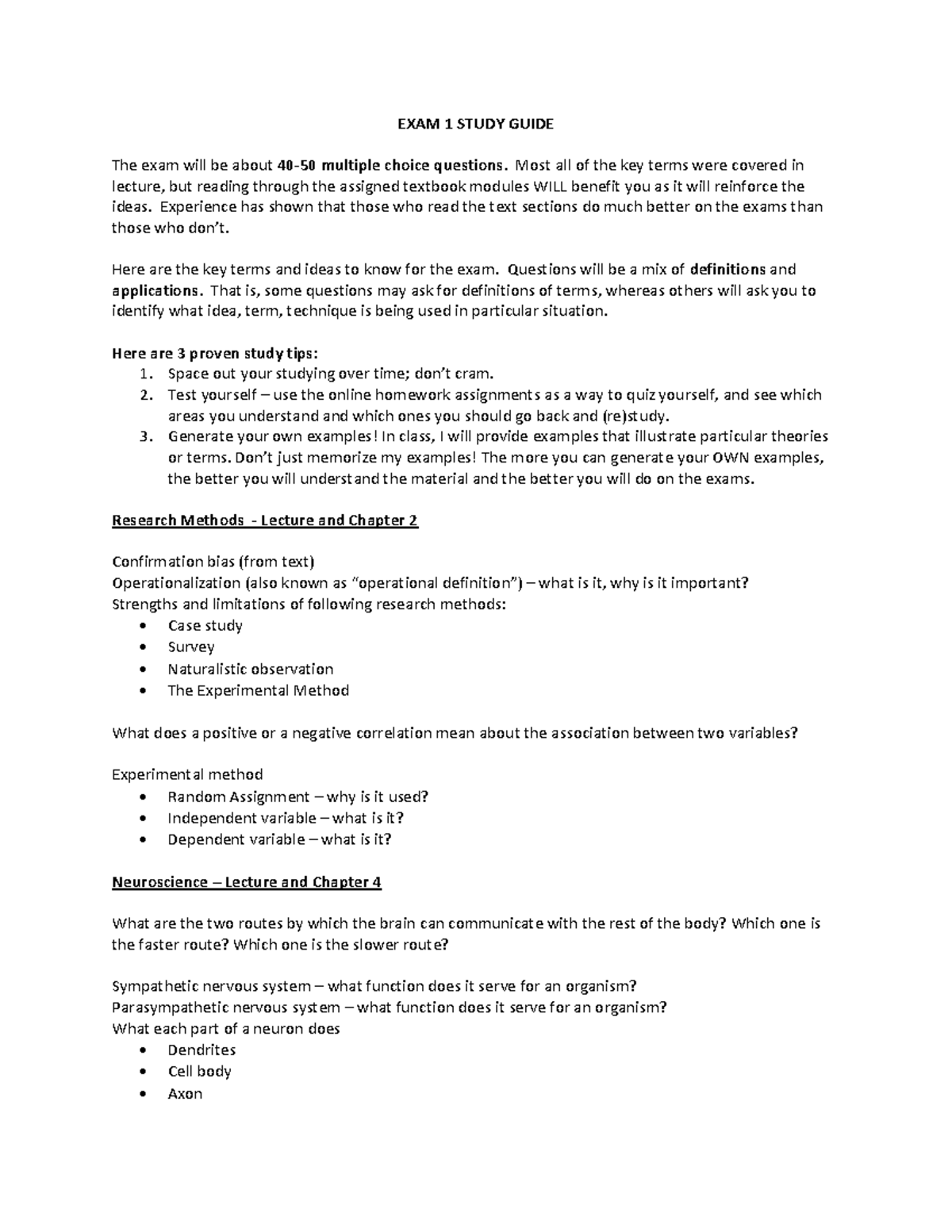 PSY 101: Exam 1 Study Guide - Key Terms & Study Tips - Studocu