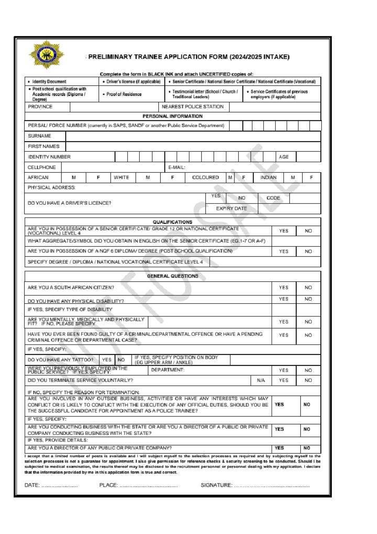 SAPS Trainee Application Form (Preliminary Intake) - Studocu