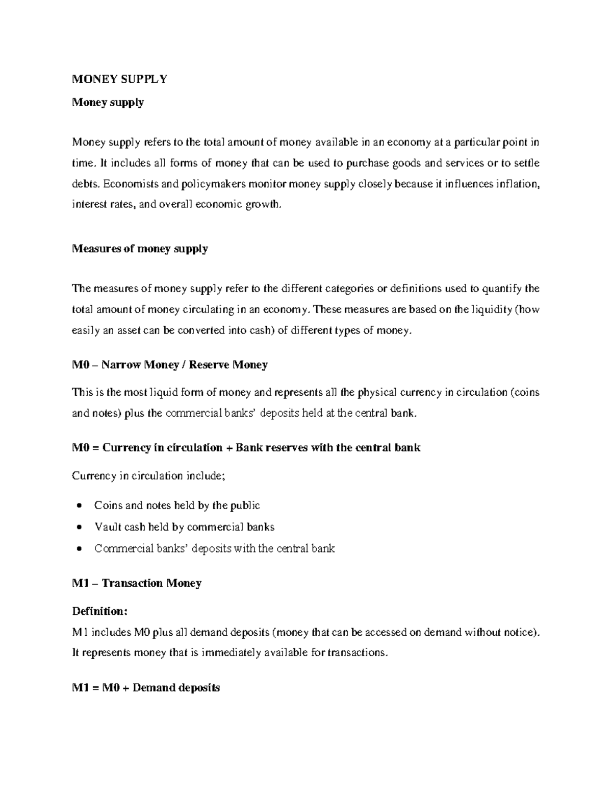 Money Supply - Notes on Monetary Studies (ECO 101) - Studocu