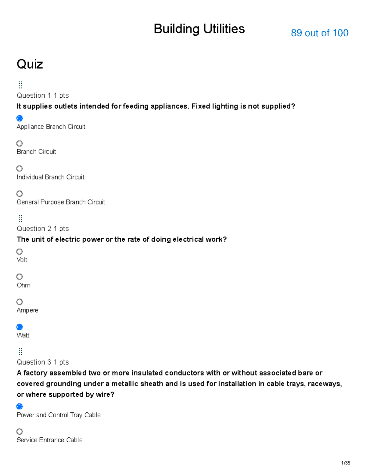 BLDG Utilities Practice Quiz - 89/100 Score Review - Studocu