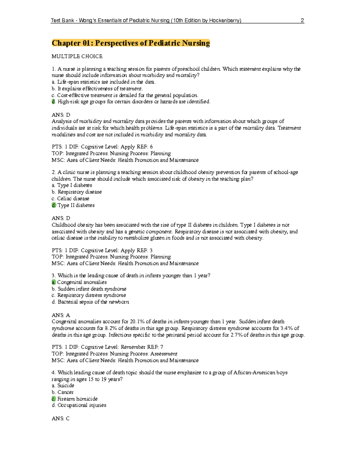 CH 1 Peds Nursing - Test Bank for Pediatric Perspectives - Studocu