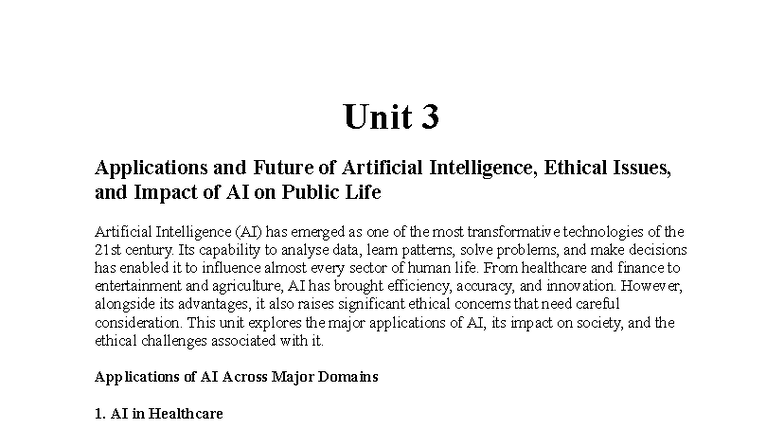 Unit 3 - Notes on AI Applications, Ethics, and Societal Impact - Studocu
