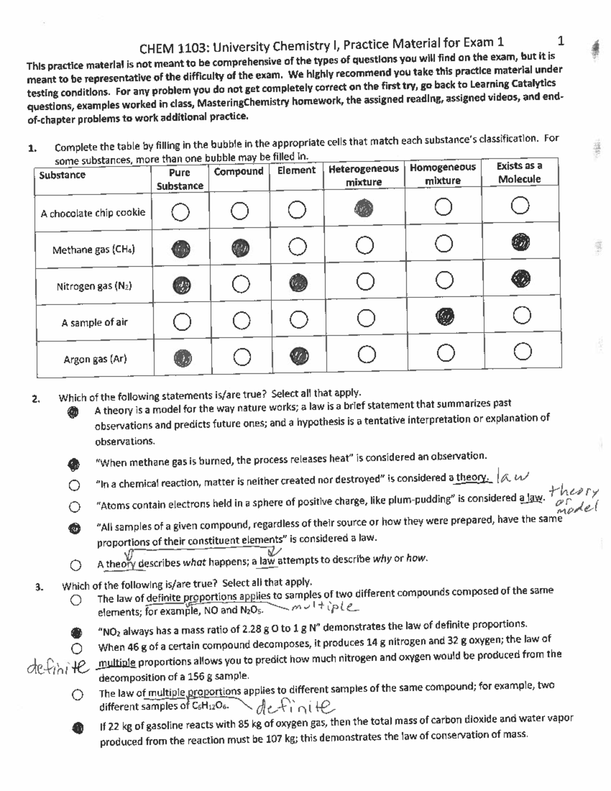 CHEM 1103: Key Practice Material for Exam 1 - Fall 2024 Exam Prep - Studocu