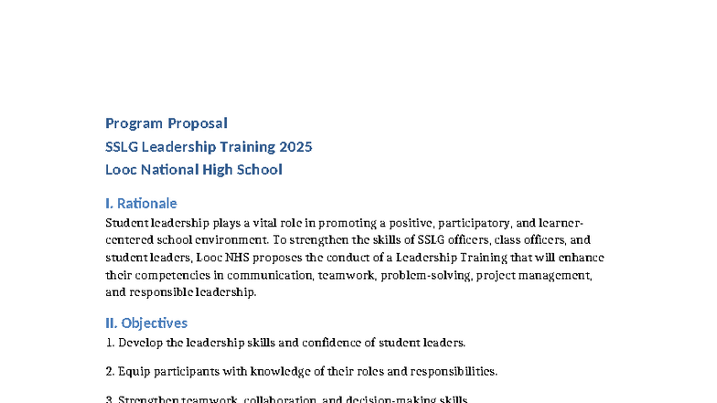 SSLG Leadership Training Proposal 2025 at Looc National High School ...