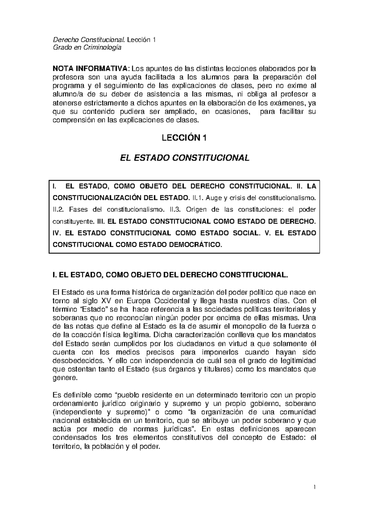 Derecho Constitucional - Apuntes - Lección 1 sobre el Estado - Studocu