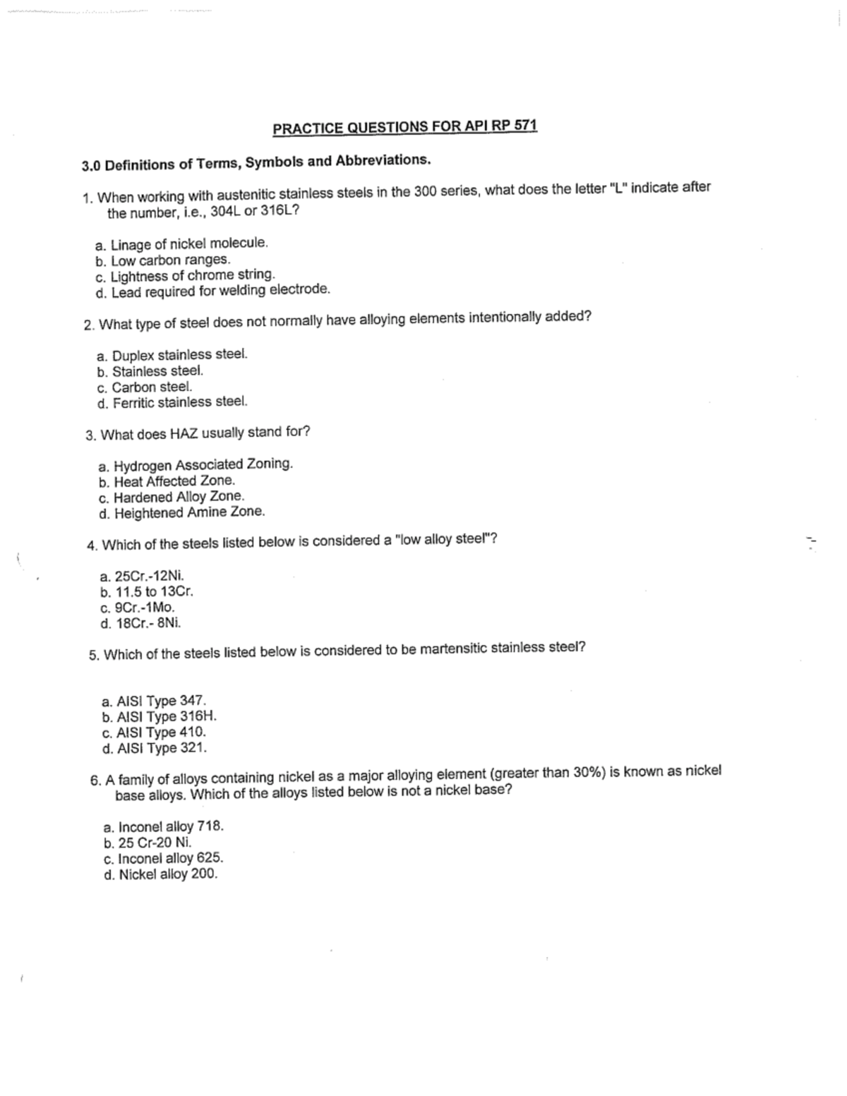 API RP 571 Practice Questions: Definitions, Terms & Abbreviations - Studocu