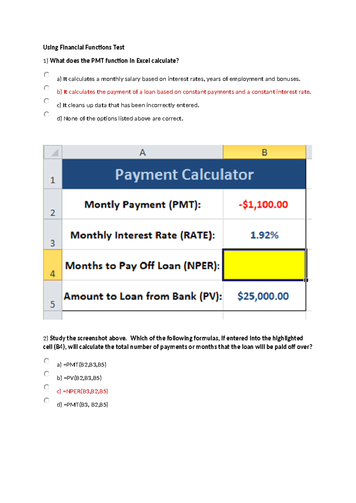 BPS 101: Sample Test Questions on Excel PMT Function - Studocu