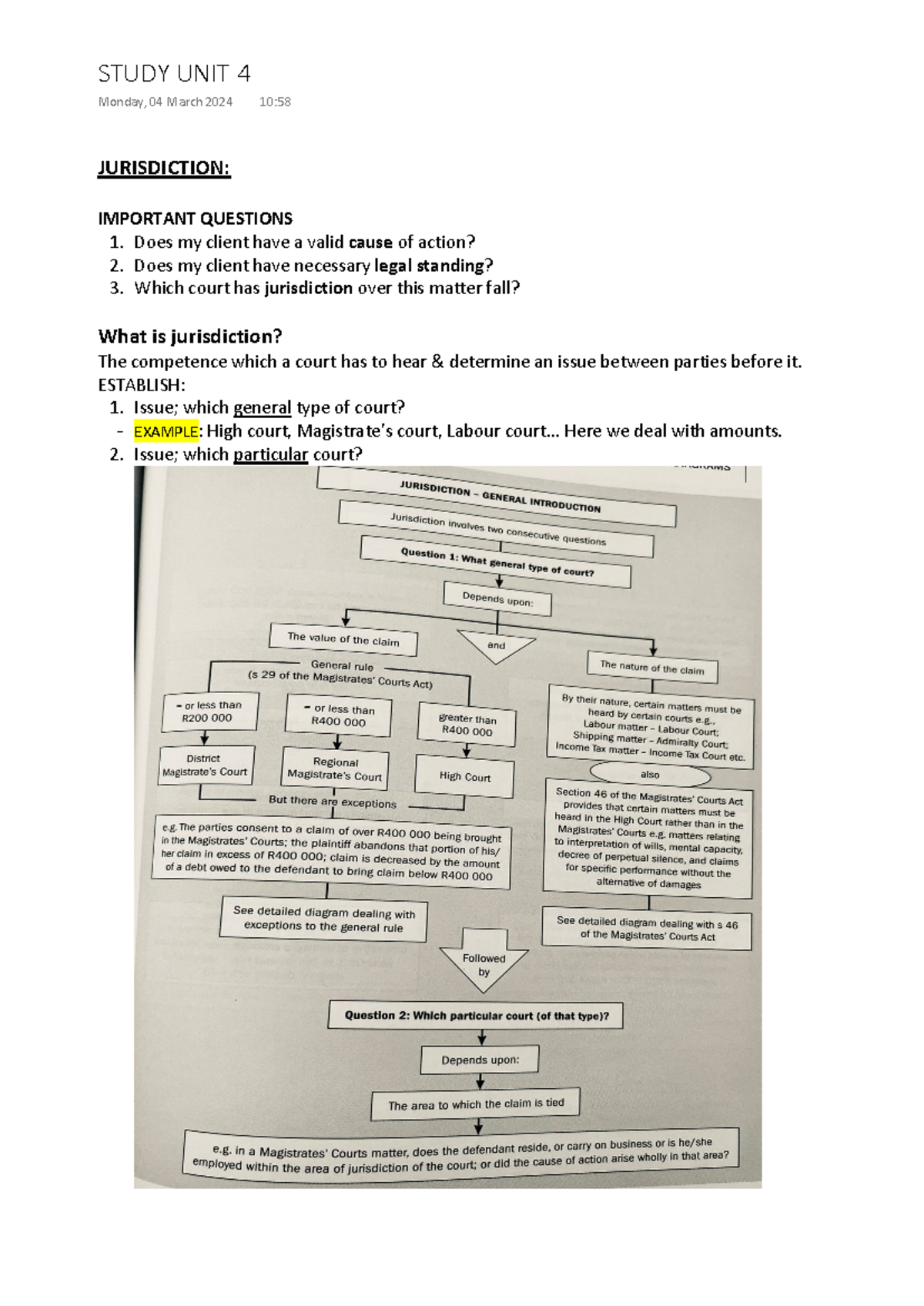 Study Unit 4 - Jurisdiction Class Notes (Law 101) - Studocu
