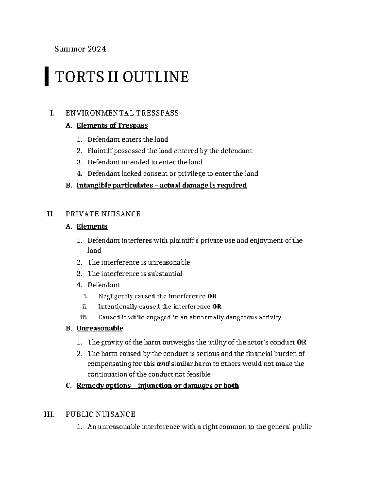 Torts II Outline - Key Concepts and Elements for Summer 2024 Exam - Studocu