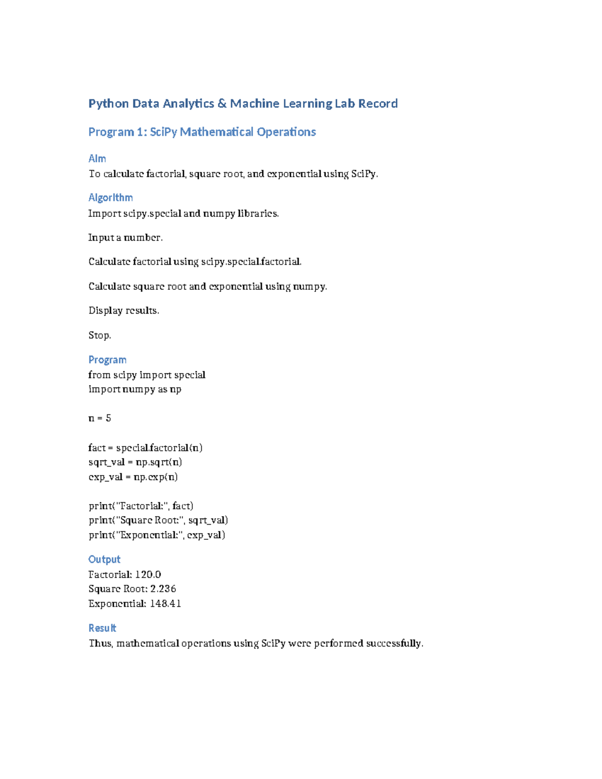 Python ML Lab Record: SciPy & Data Analysis Programs - Studocu