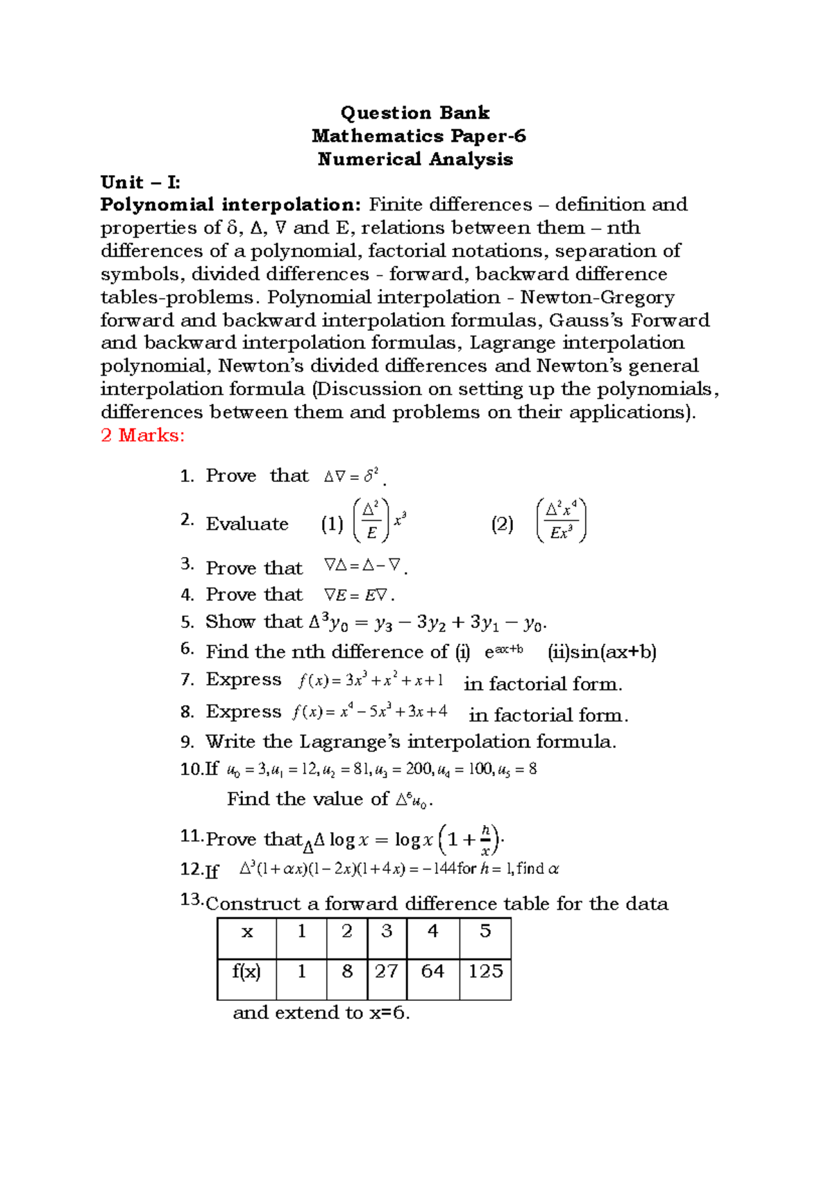 Question Bank Numerical Analysis - Question Bank Mathematics Paper- 6 ...