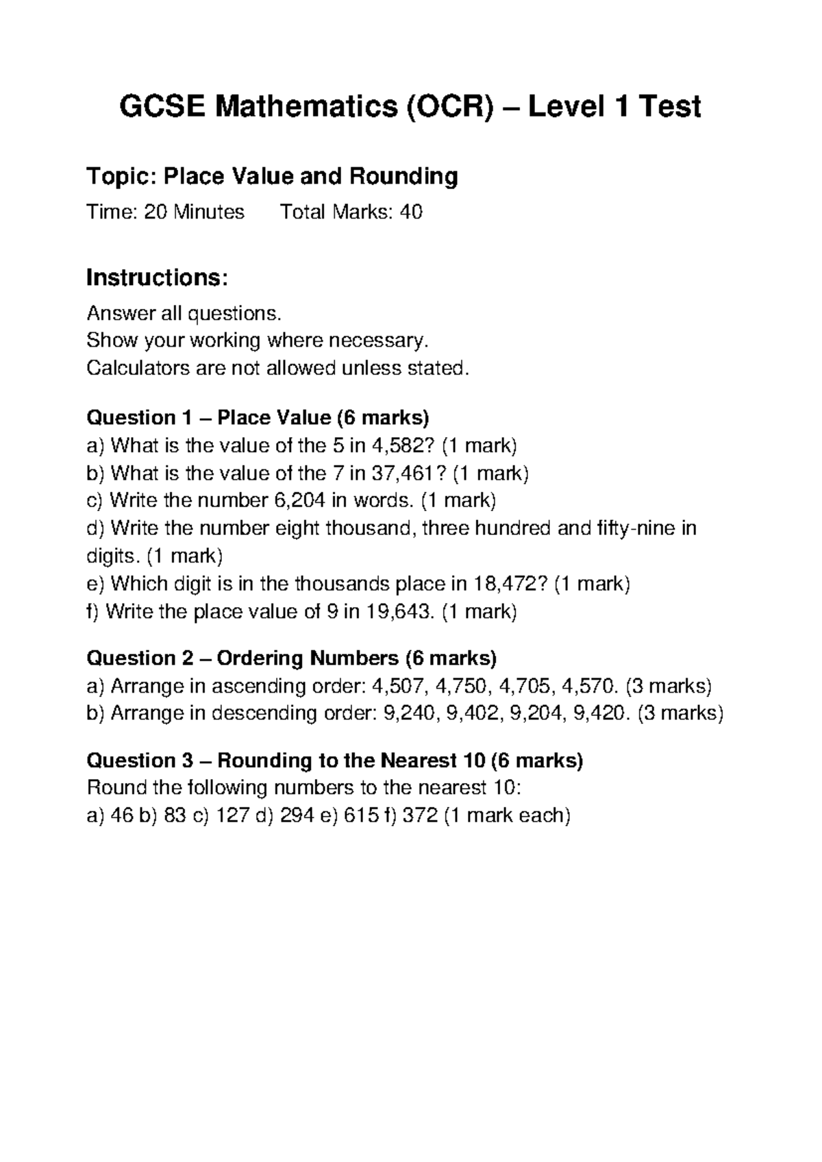 GCSE Mathematics (OCR) Level 1 Place Value & Rounding Test - Studocu