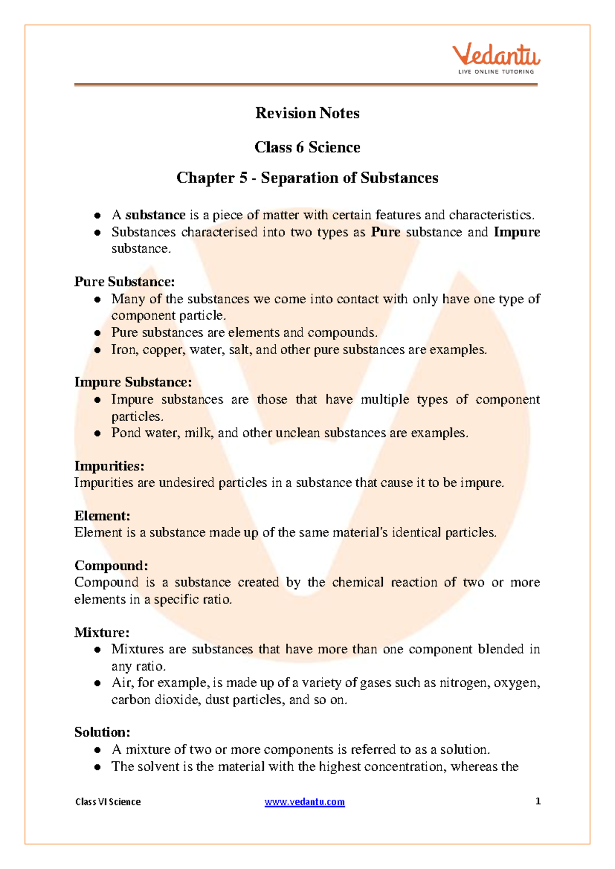 Class 6 Science Chapter 5: Separation of Substances Revision Notes ...