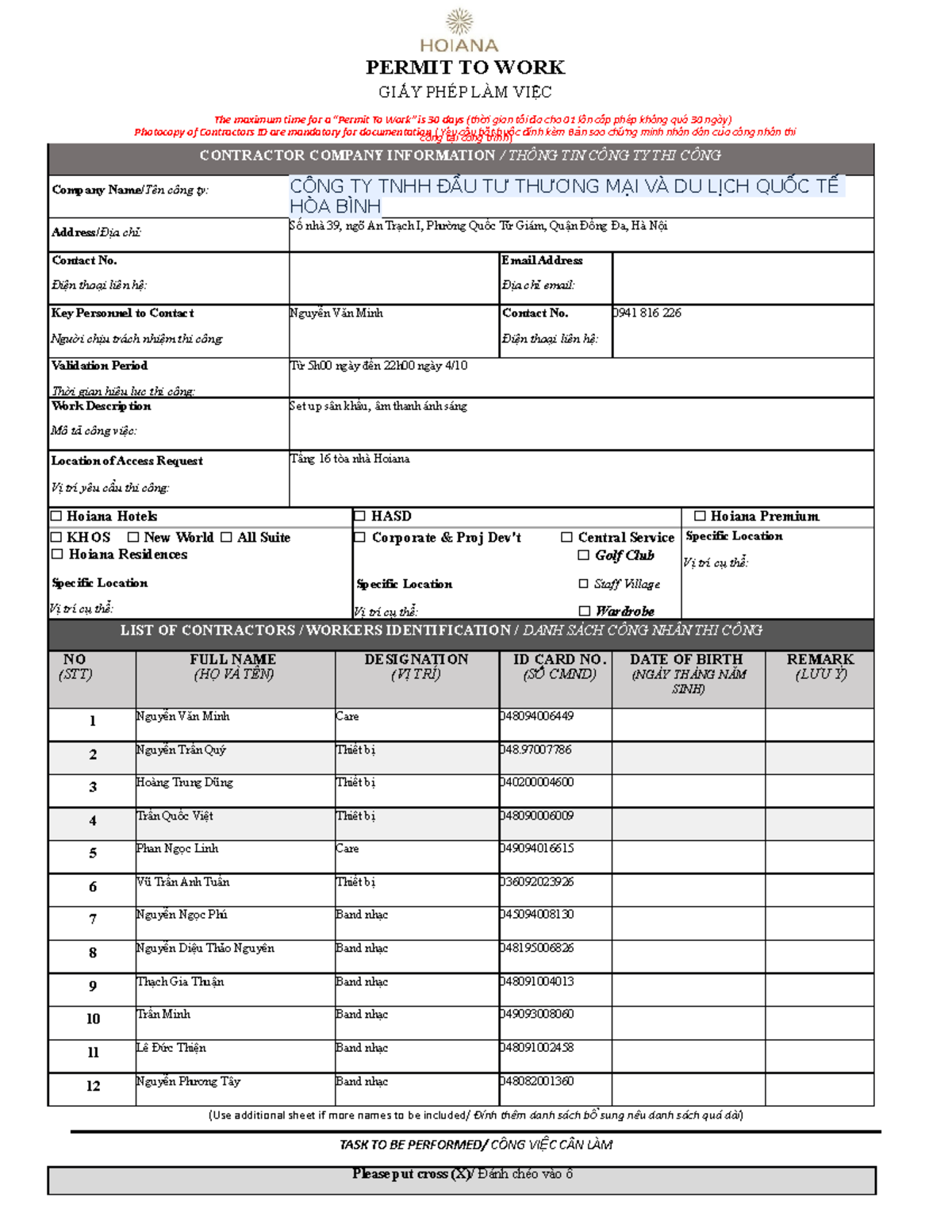 Work Permit - alo - PERMIT TO WORK GIẤY PHÉP LÀM VIỆC The maximum time ...