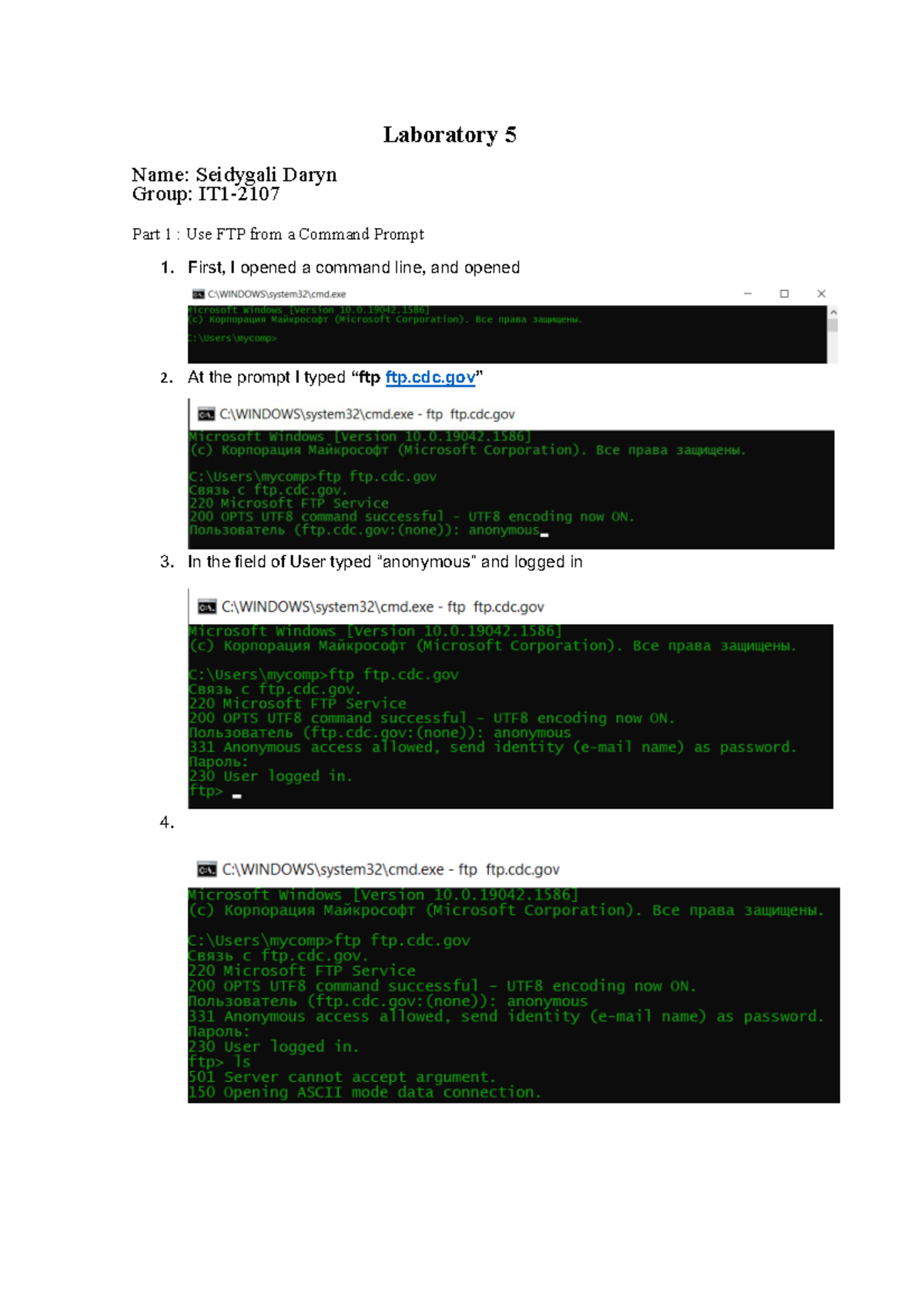 Lab#5: Using FTP with Command Line & Web Browser - Seidygali D. - Studocu