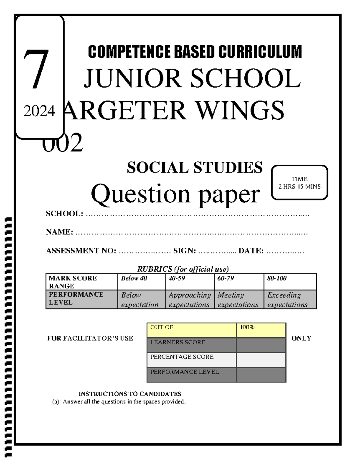 COMP 002 2024 Social Studies Junior School Question Paper - Studocu