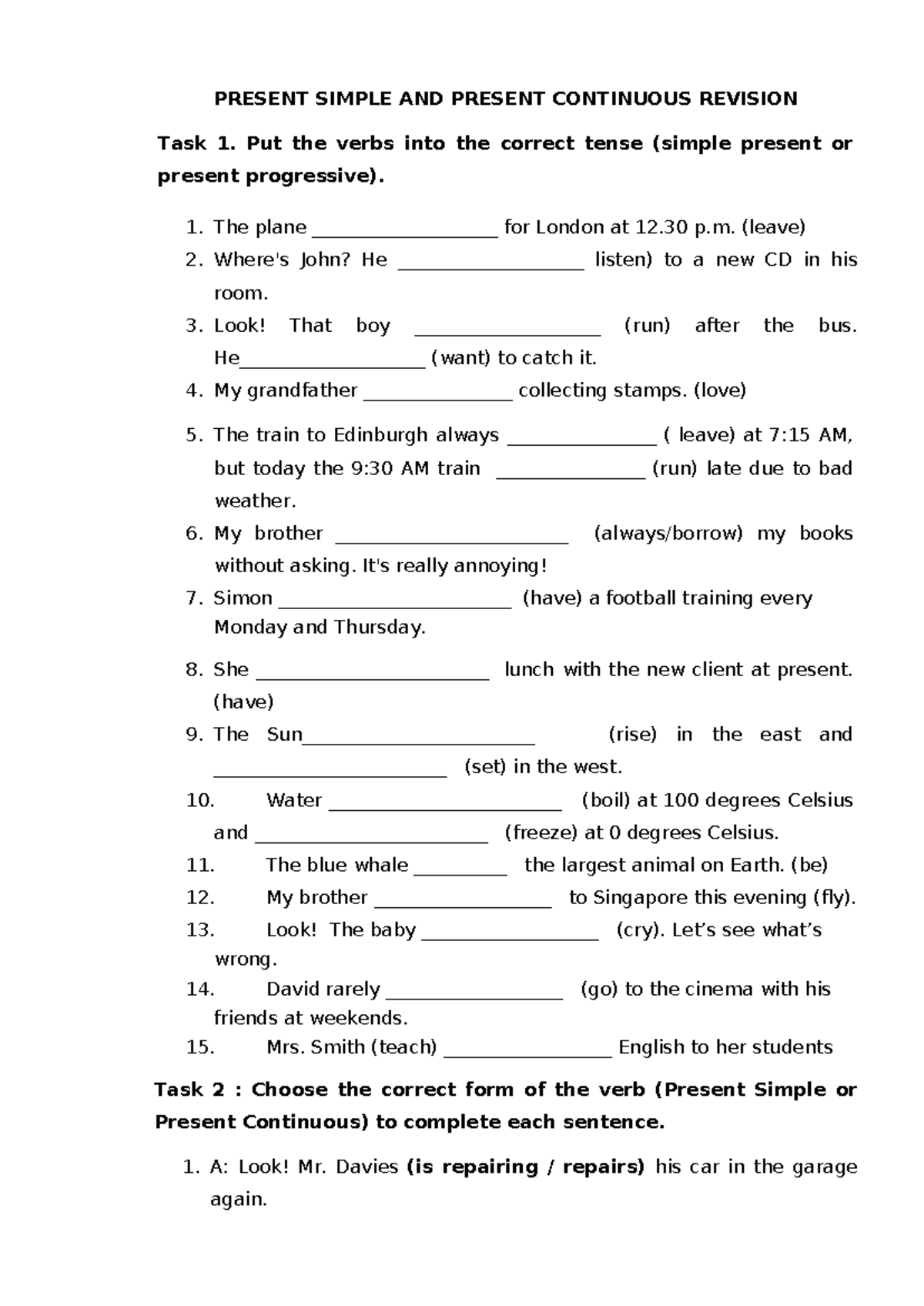 PRESENT SIMPLE & CONTINUOUS REVISION: Tenses Practice Tasks - Studocu