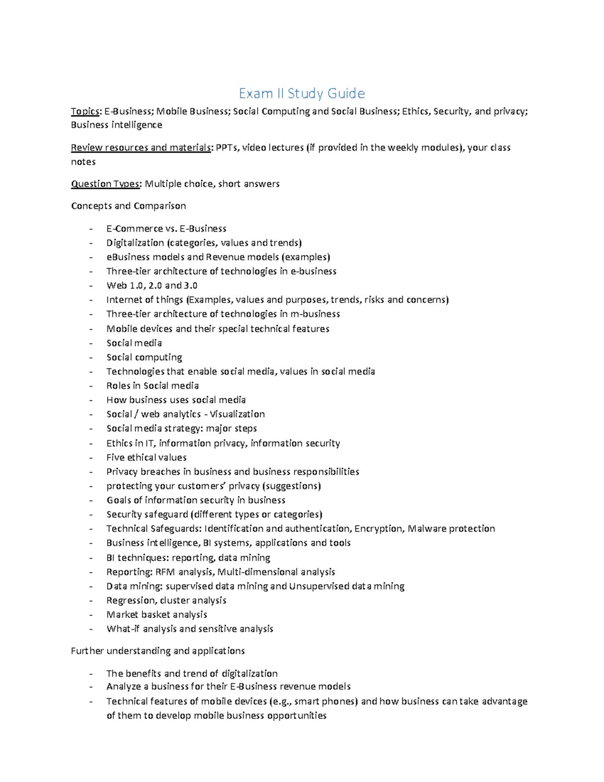 COM101: Final Exam Study Guide and Notes - Exam II Study Guide Topics ...