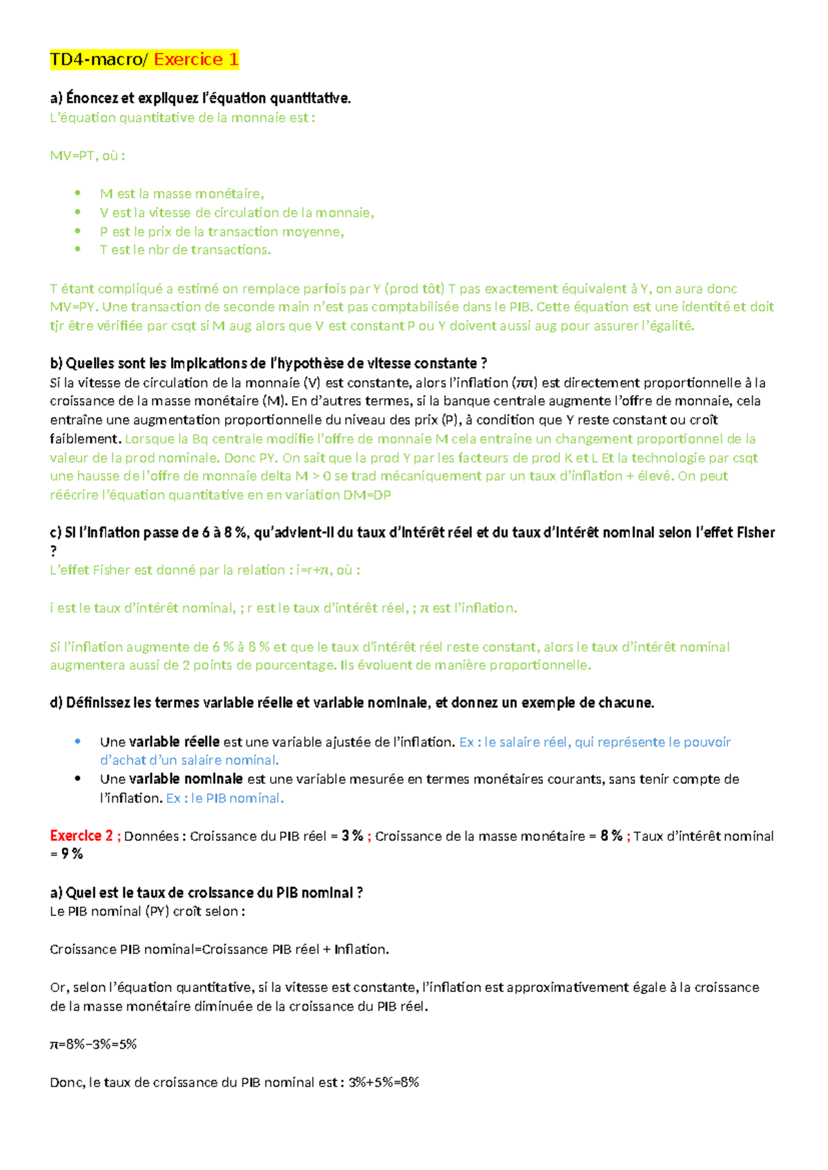 TD4 macro - TD4-macro/ Exercice 1 a) Énoncez et expliquez l’équation ...