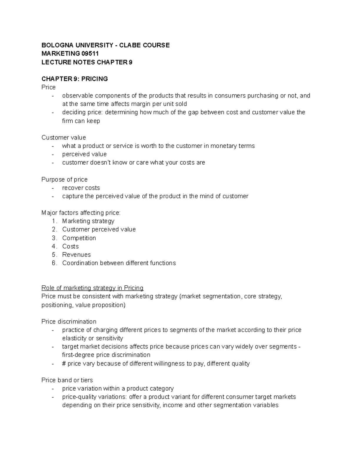 Marketing 09511 Lecture Notes - Chapter 9: Pricing Strategies and ...