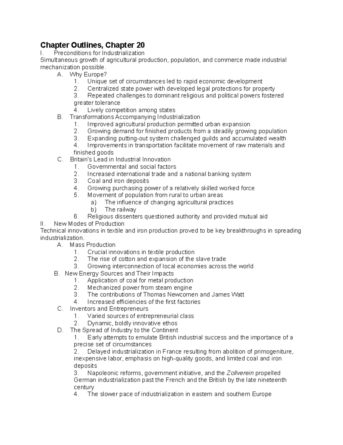 Ch 20 Outline - Chapter Outlines, Chapter 20 I. Preconditions for ...