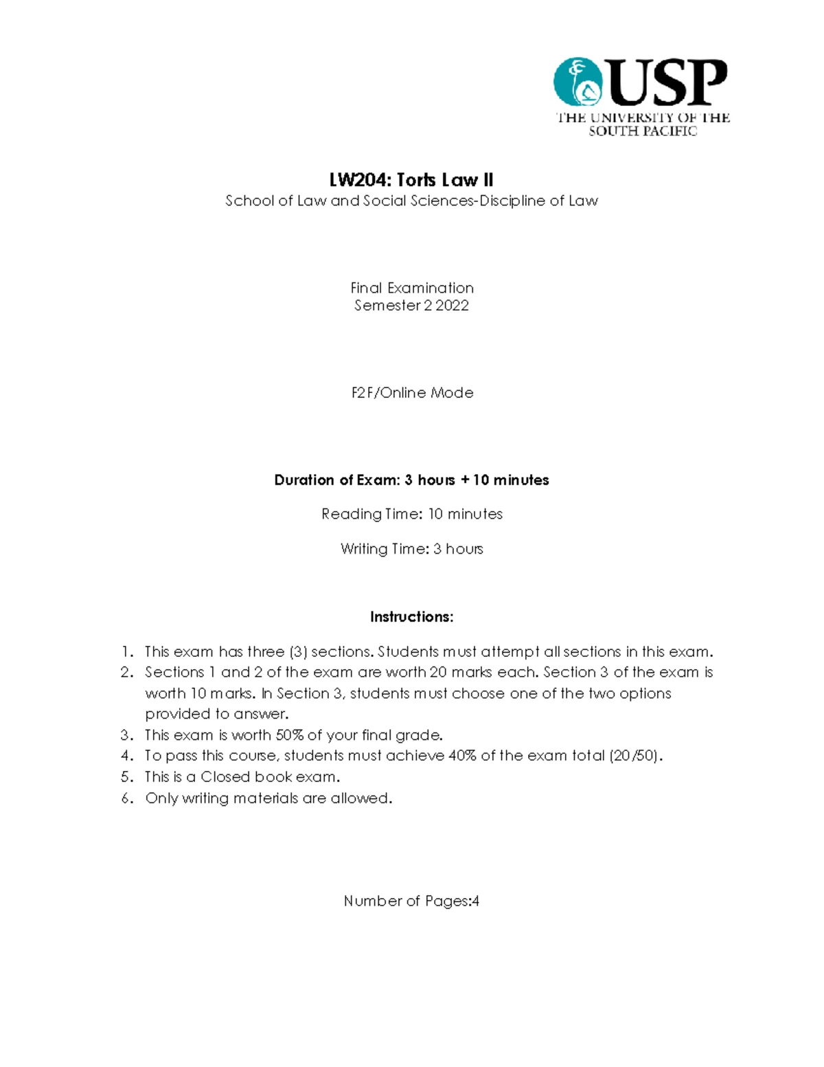 LW204 Final Exam Paper - Torts II - Semester 2 2023 - Studocu