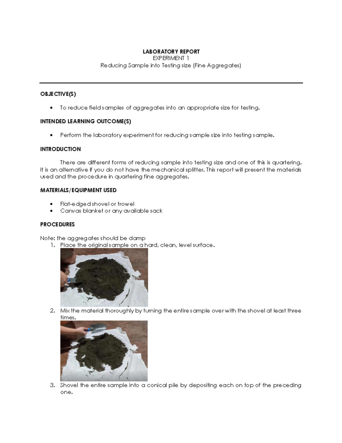 Lab Report Reducing Sample into Testing size (Fine Aggregates ...