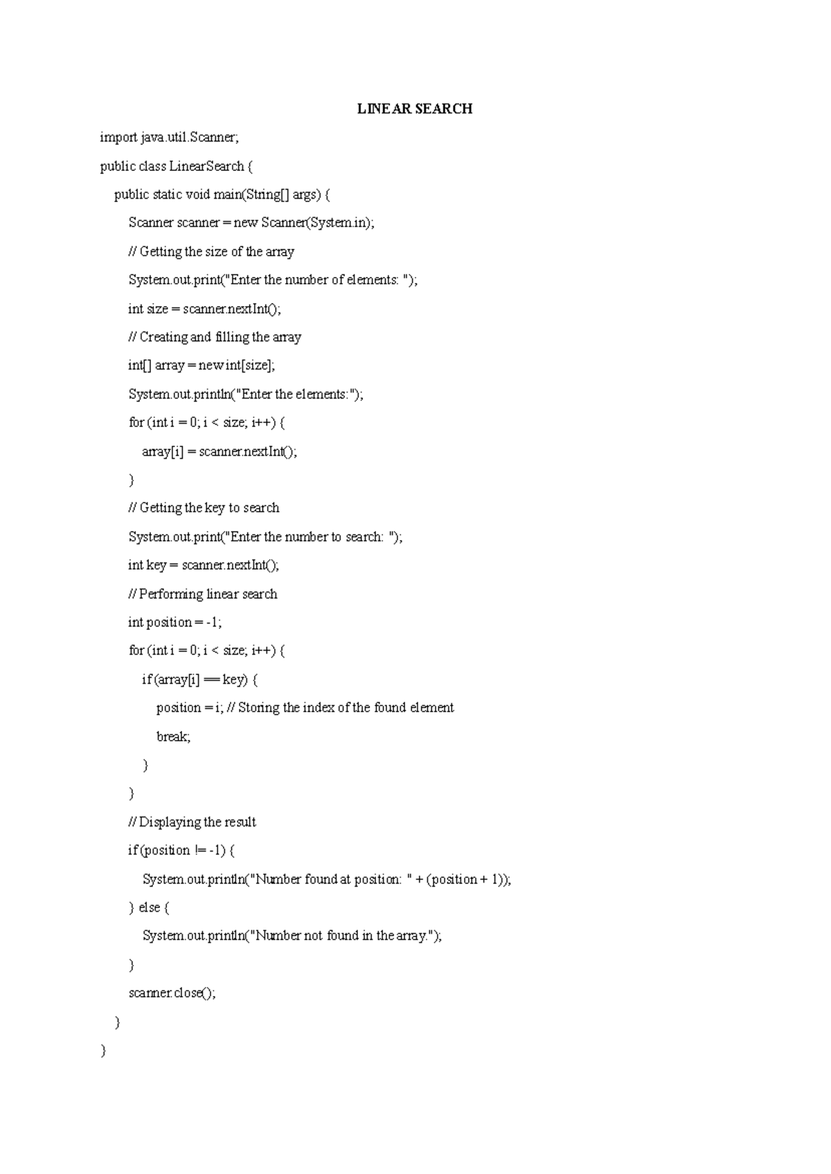 LIN 1 - Linear Search Algorithm Implementation in Java - Studocu