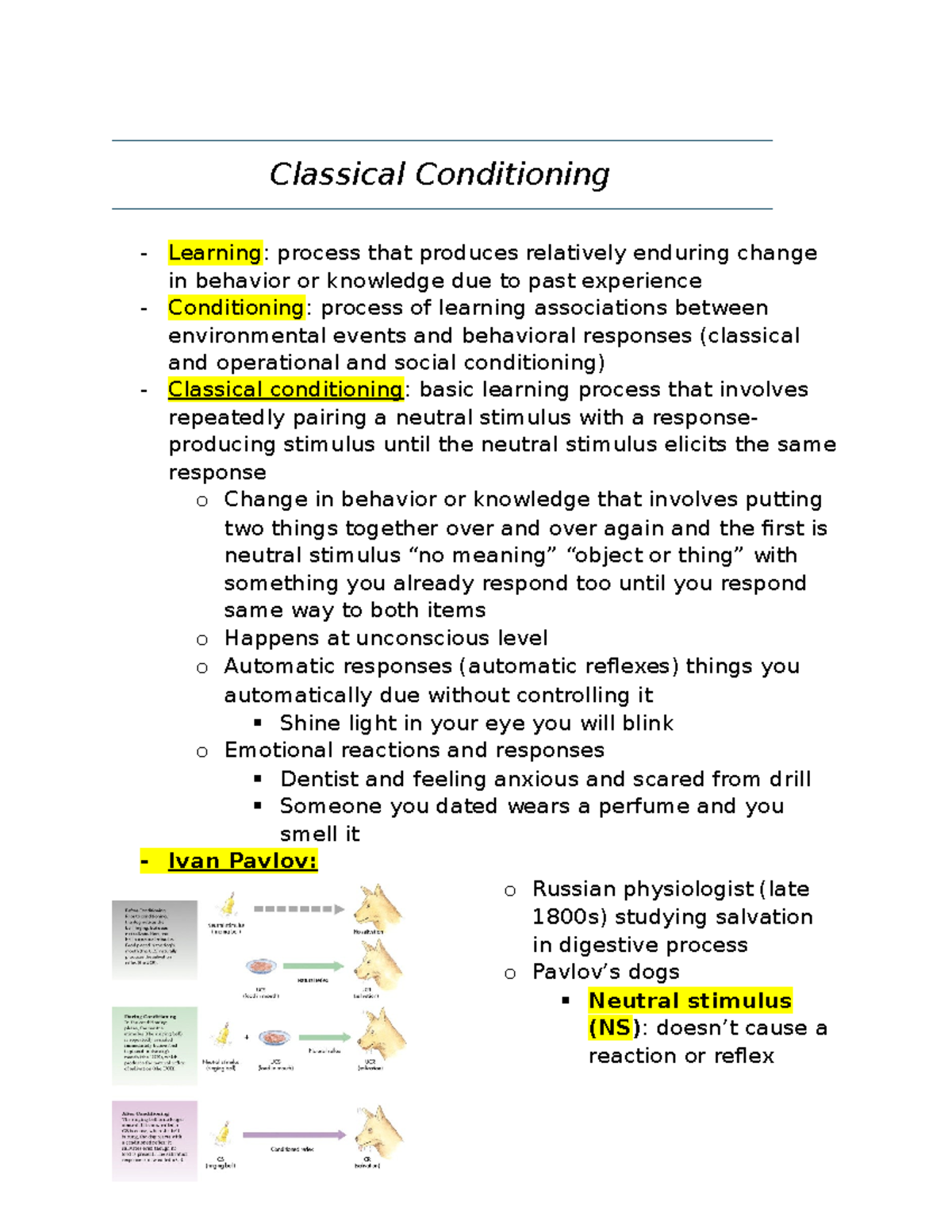 PSY 101: Classical Conditioning & Operant Conditioning Overview - Studocu