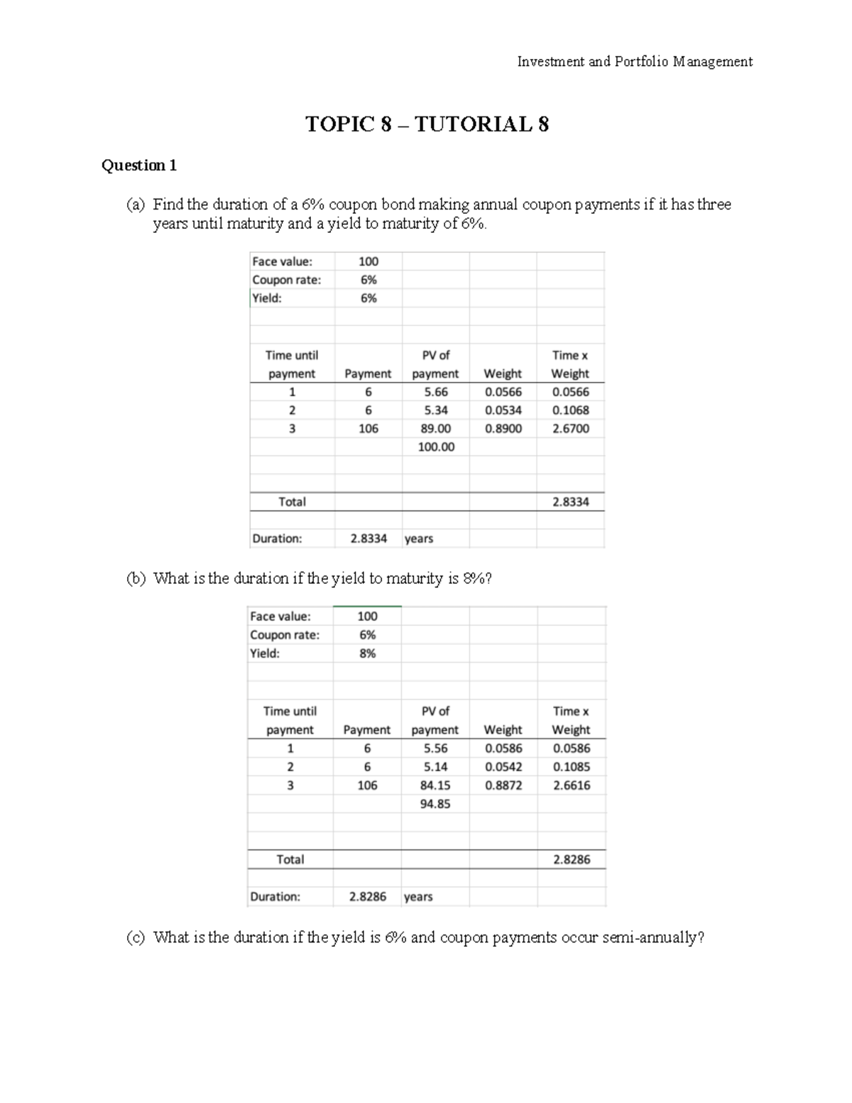 IPM 101 - Tutorial 8 Solutions on Bond Duration and Pricing - Studocu