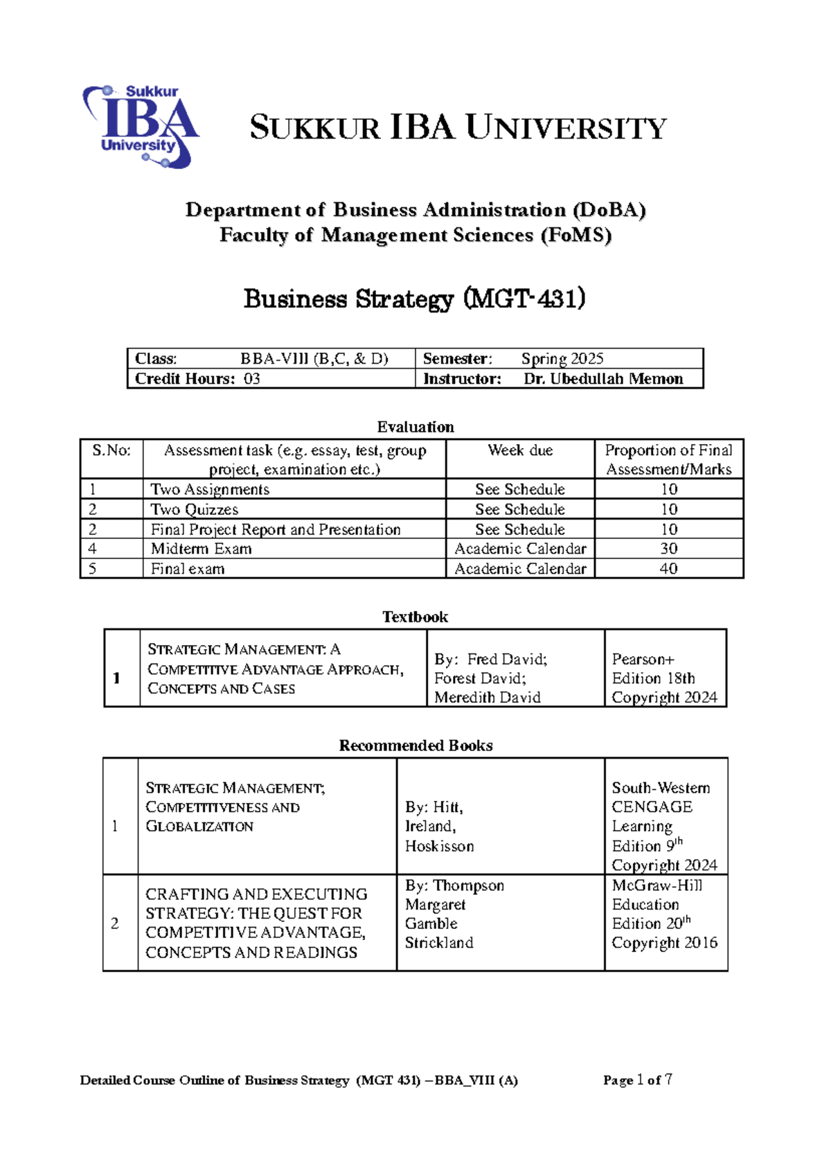 Course Outline Business Strategy BBA-VIII (B,C,& D) Spring 2025 ...