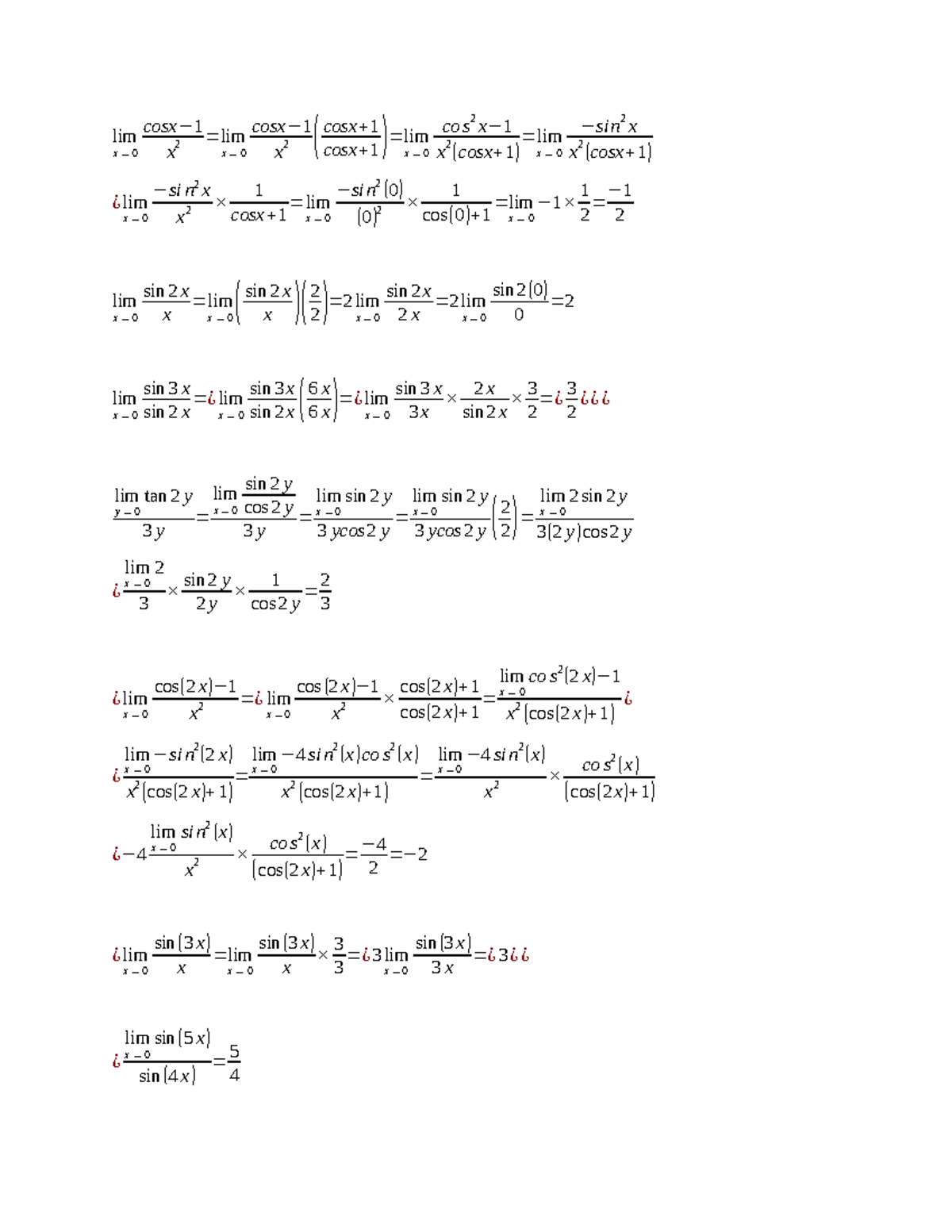 Limx - calculus practice notes - lim x → 0 cosx− 1 x 2 =lim x→ 0 cosx − ...