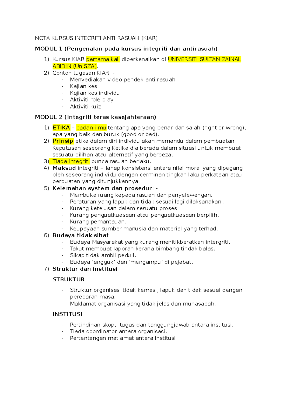 NOTA KIAR: Modul 1-5 tentang Integriti dan Anti Rasuah - Studocu