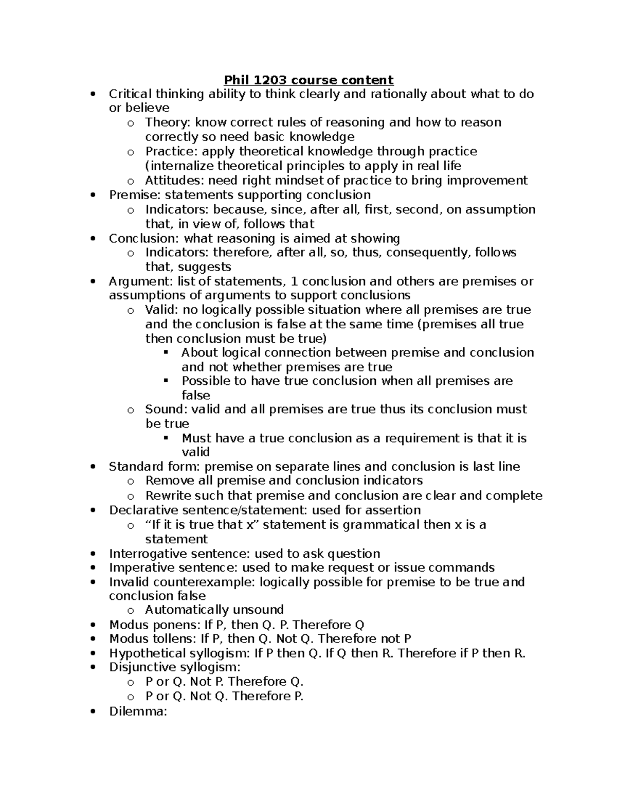 PHIL 1203 Midterm Summary: Key Concepts in Critical Thinking - Studocu