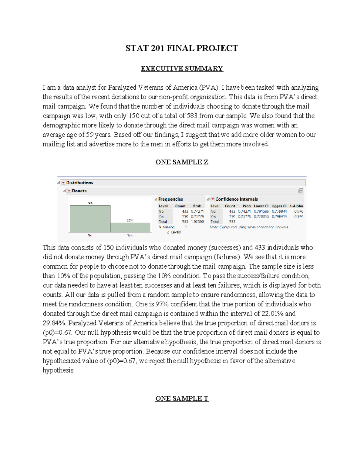 STAT 201 FINAL PROJECT: Analyzing Direct Mail Donations for PVA - Studocu