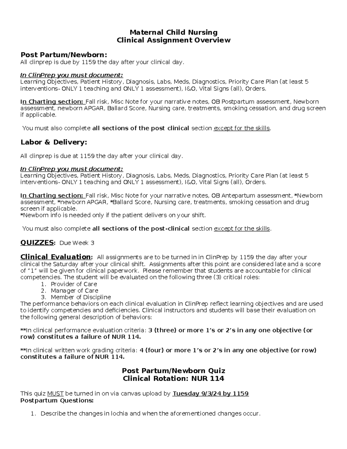 NUR 114 Clinical Packet: Maternal Child Nursing Assignments & Quizzes ...