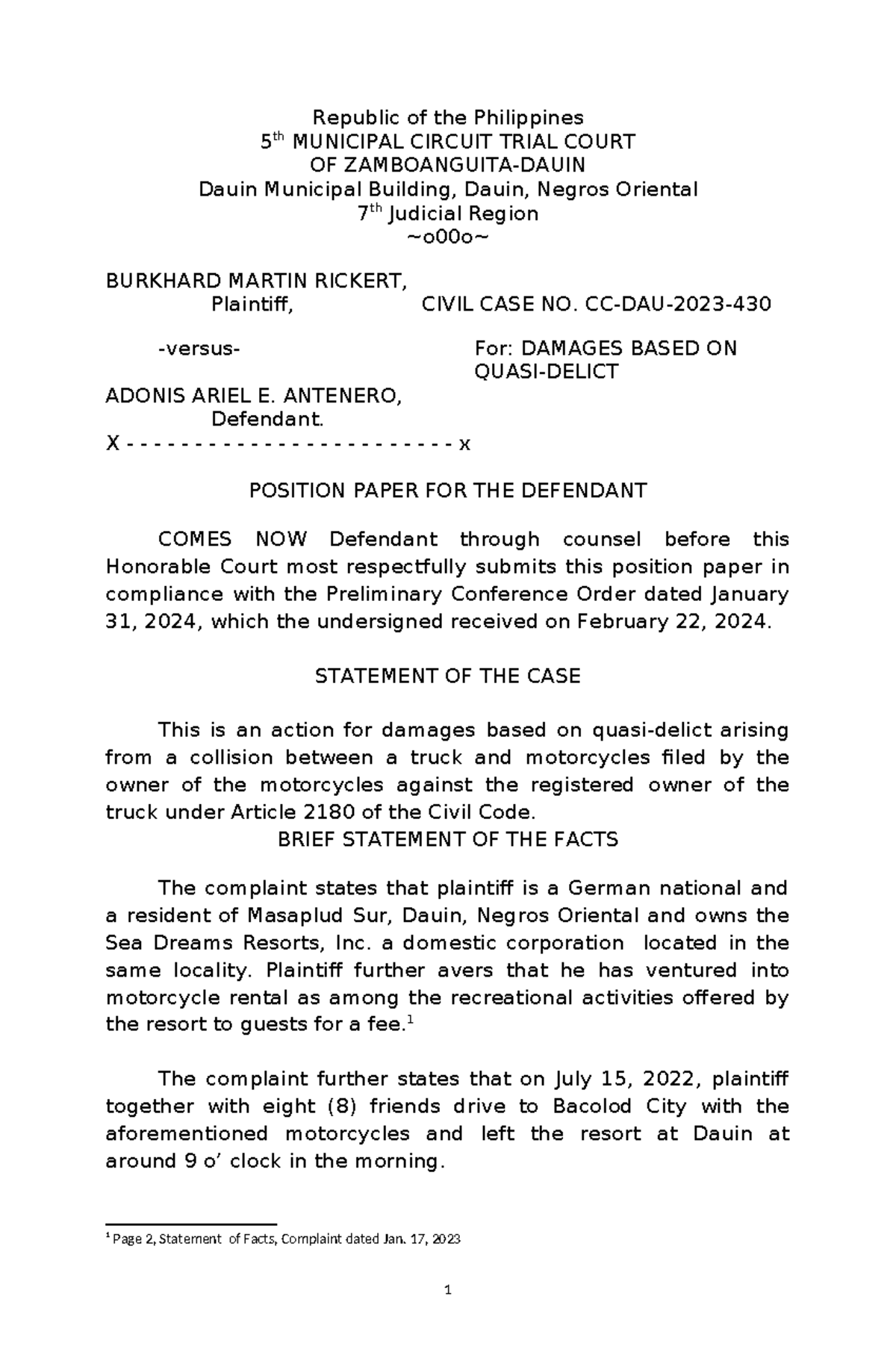 Antenero - Position Paper on Damages in Civil Case No. 5 - Studocu