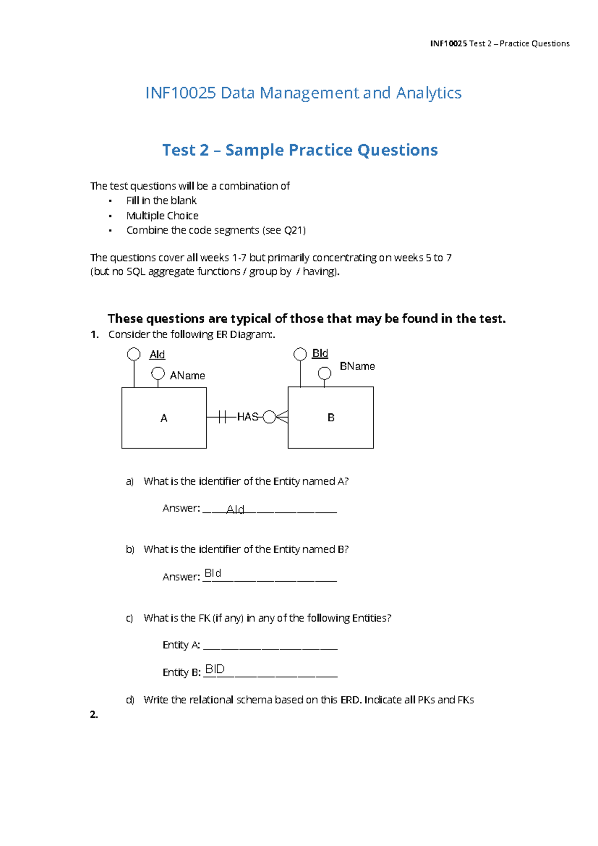 INF10025 Test 2 Sample Practice Questions on Data Management - Studocu