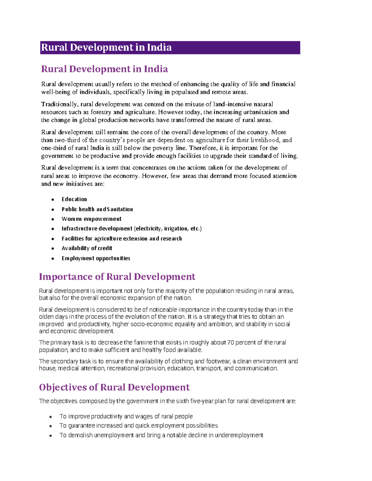 Rural Development in India: Key Areas and Objectives for 2023 - Studocu