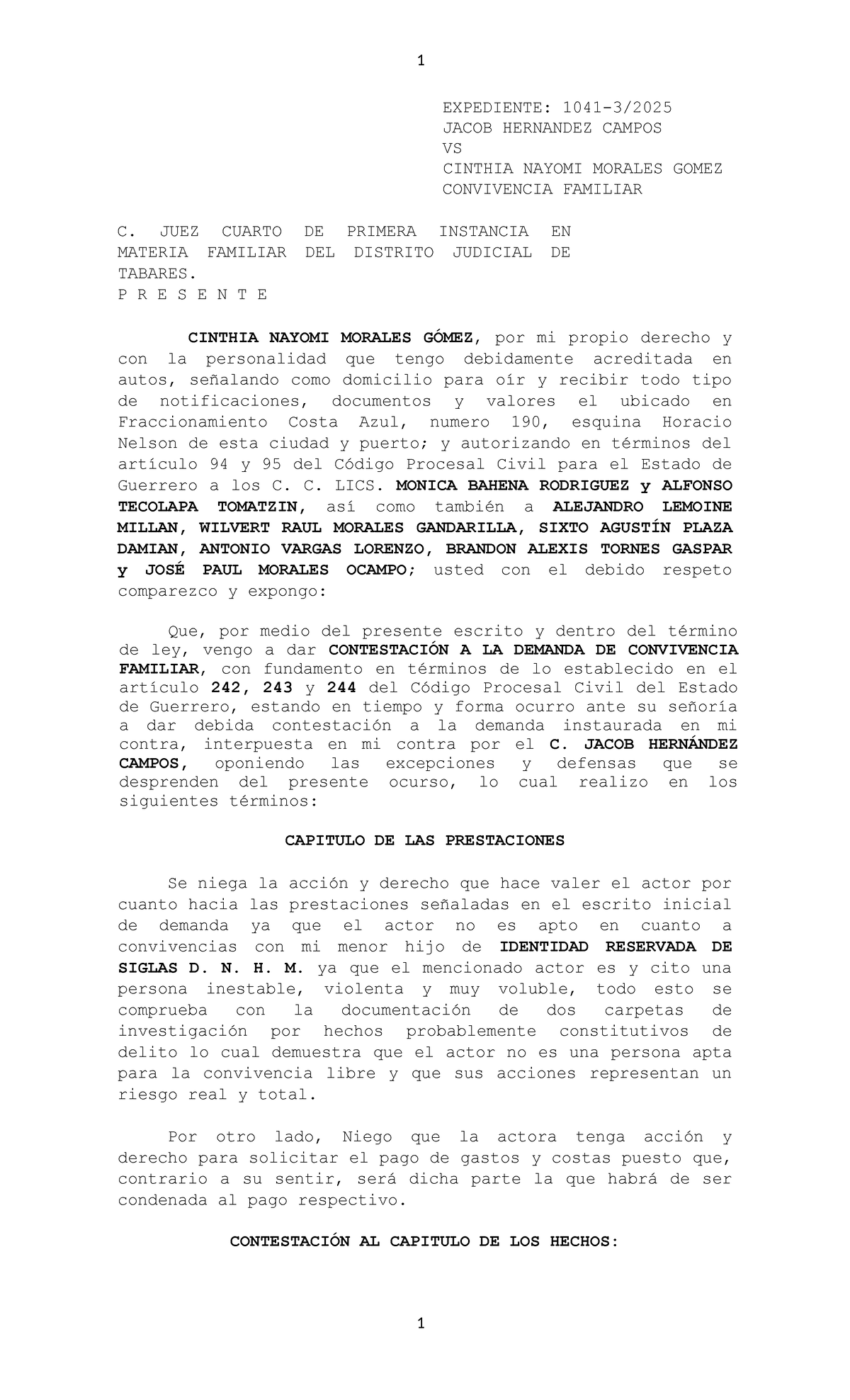 Contestación a la Demanda de Convivencia Familiar - C. 1 FAM 2025 - Studocu