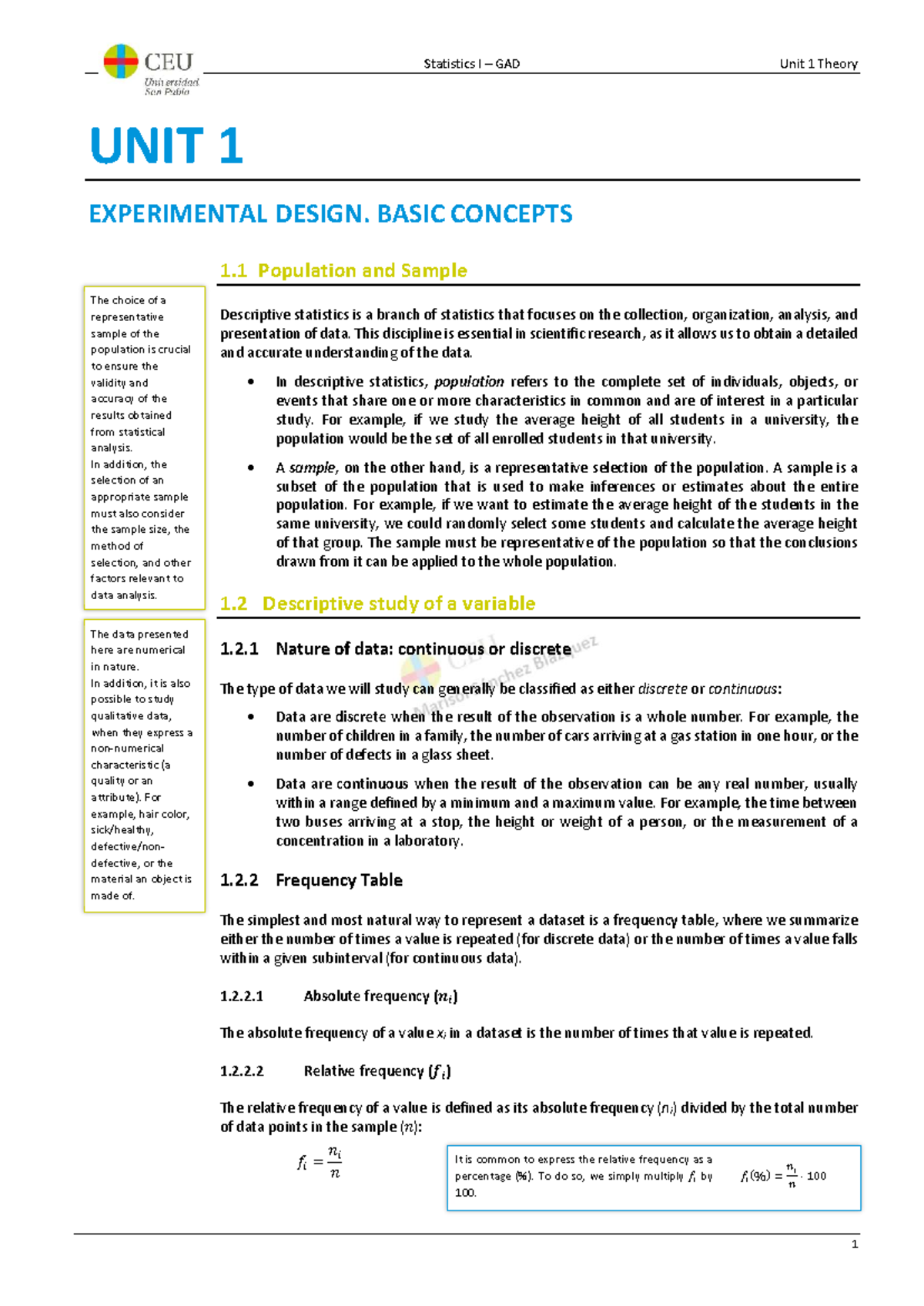 Statistics I GAD Unit 1 Theory: Experimental Design & Data Analysis ...