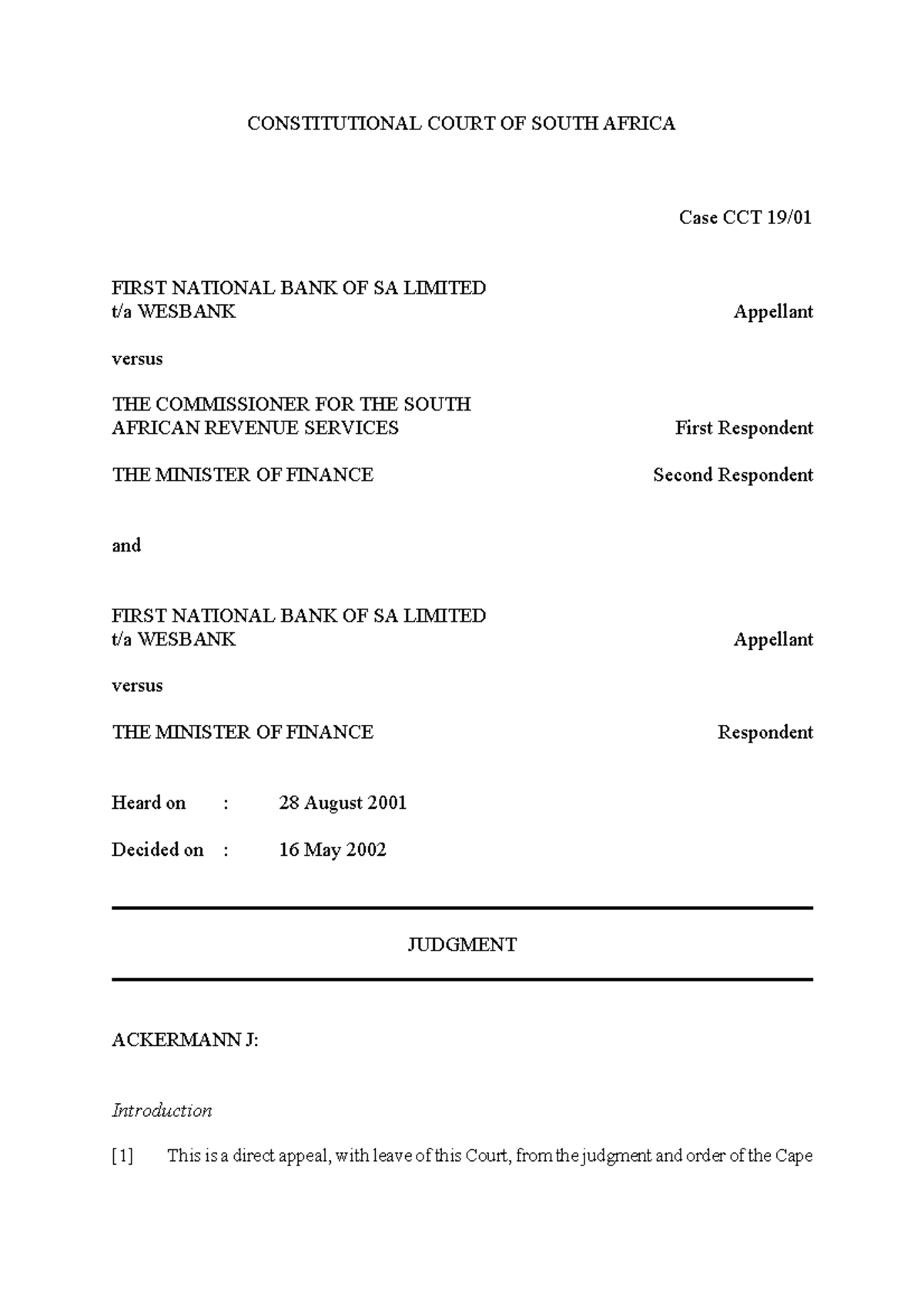 FNB v Csars 2002 (CC) - Analyzing Tax Constitutionality and ...