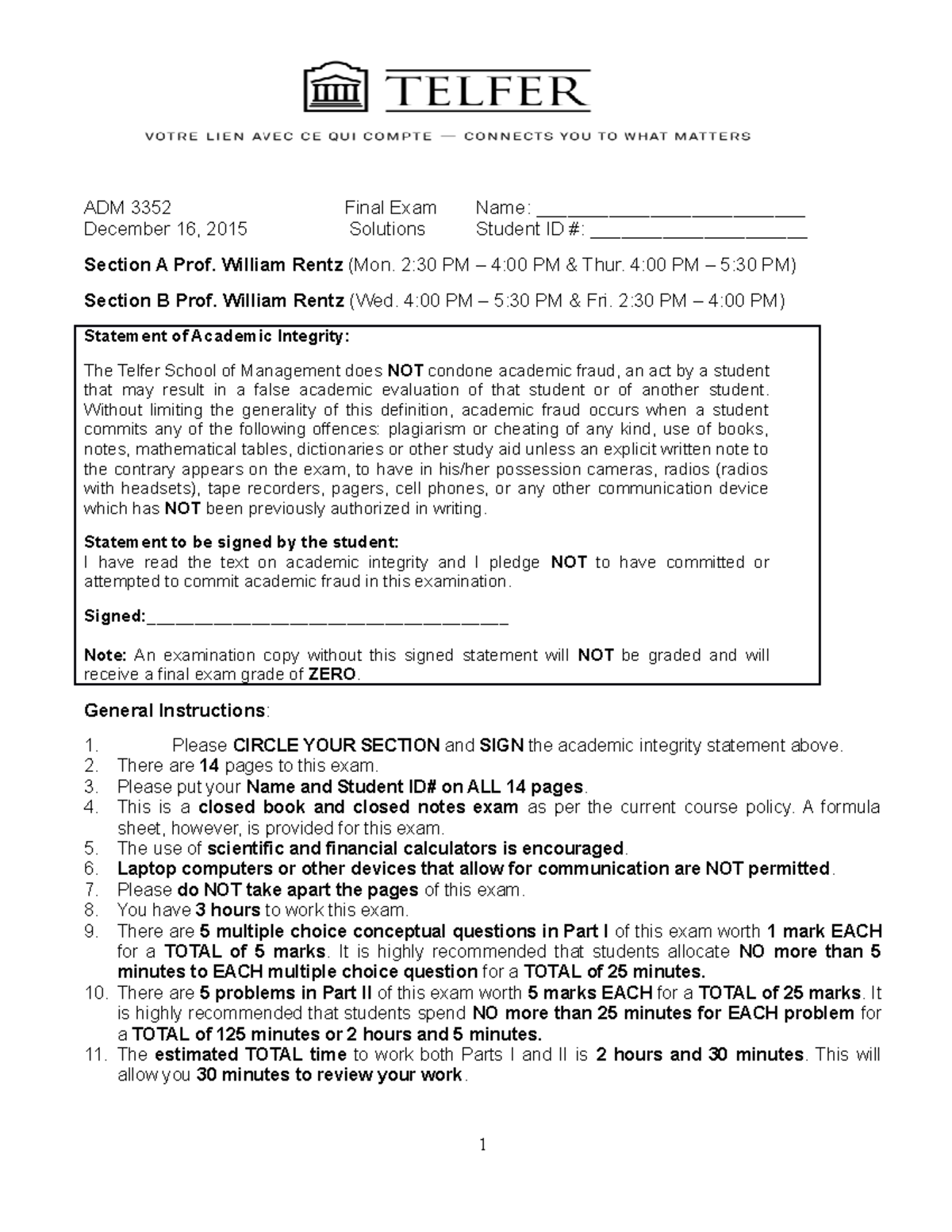 Final 15 October Fall 2015, questions and answers - ADM 3352 December ...