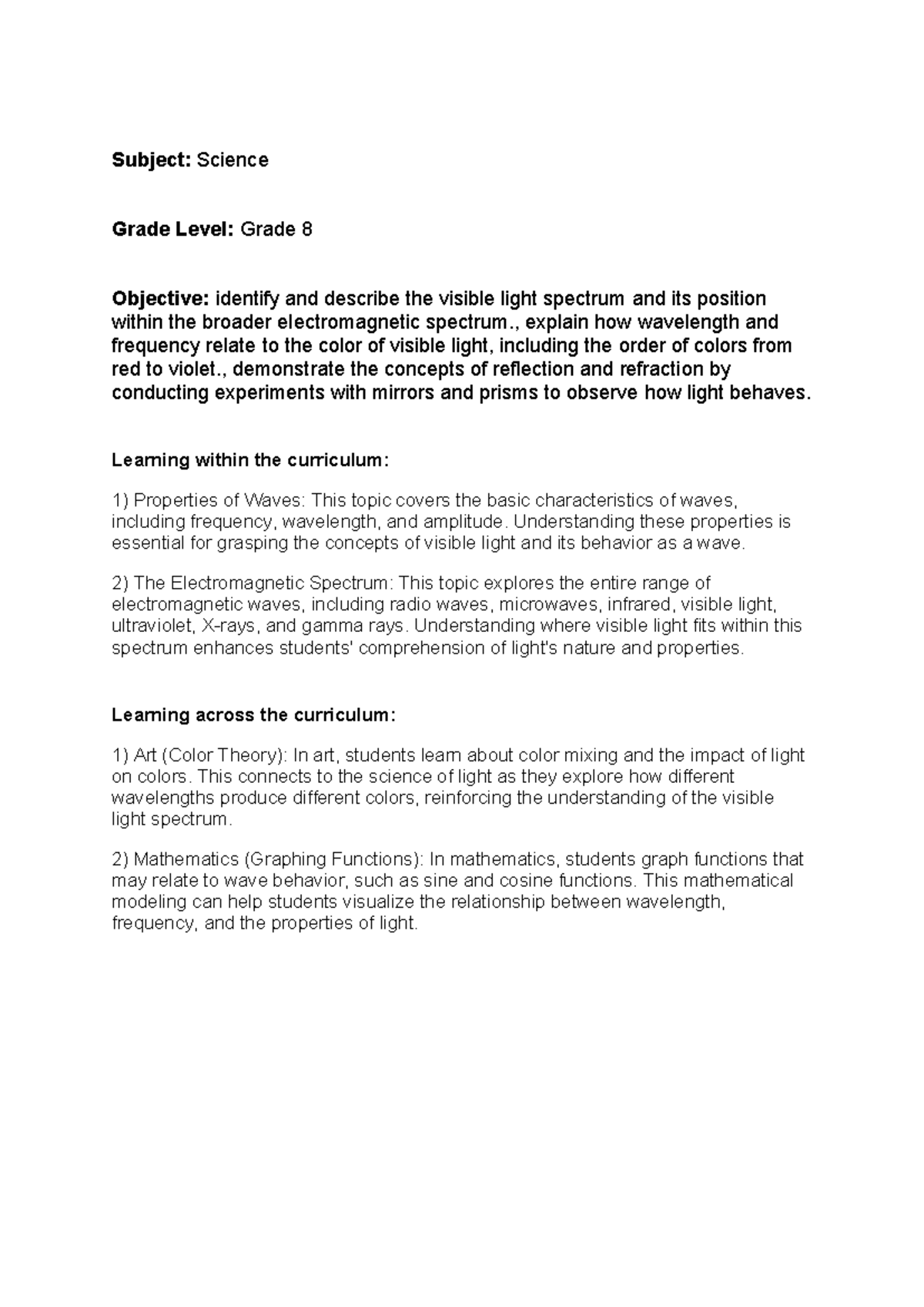 Grade 8 Science Lesson Plan: Exploring the Visible Light Spectrum - Studocu