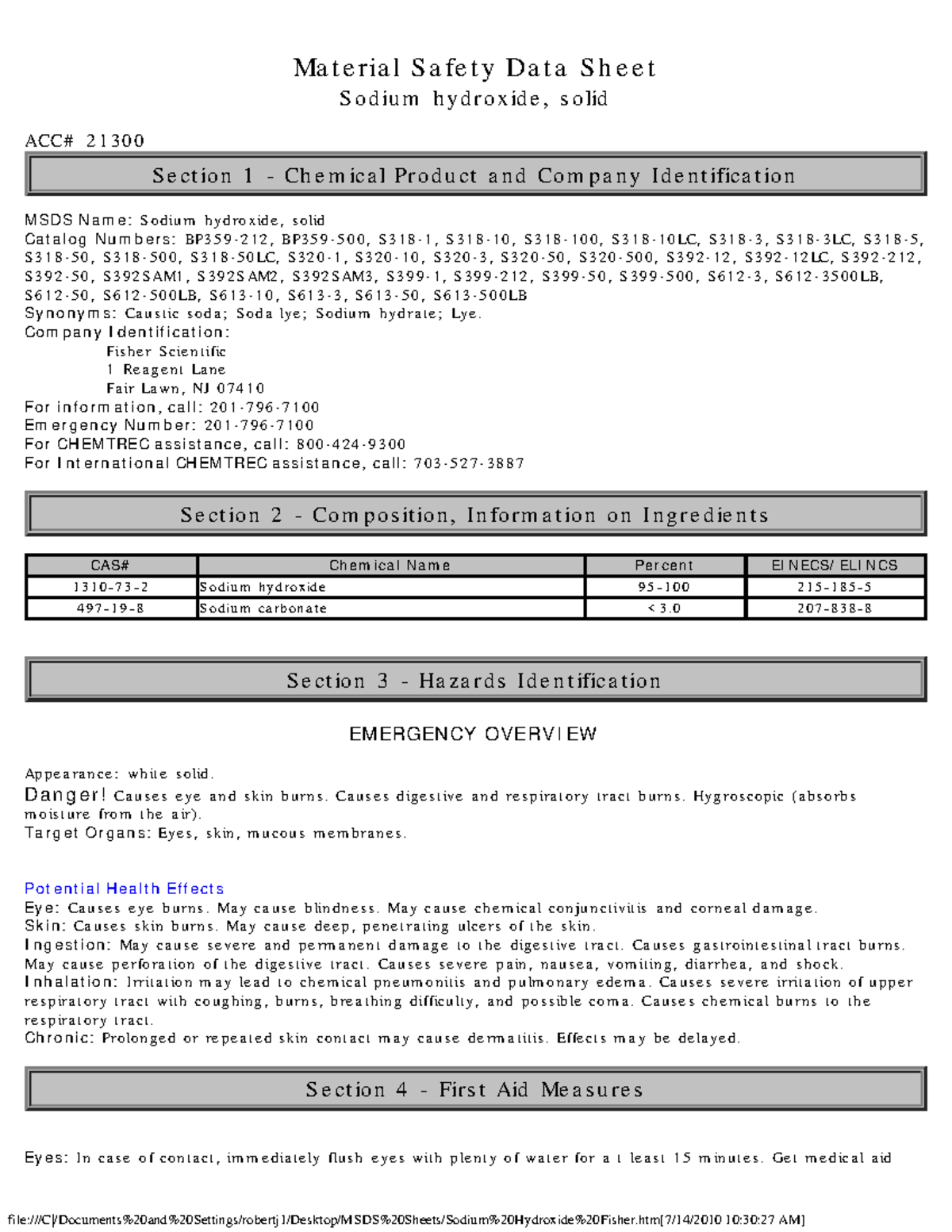 Material Safety Data Sheet (MSDS) for Sodium Hydroxide (Solid) 21300 ...