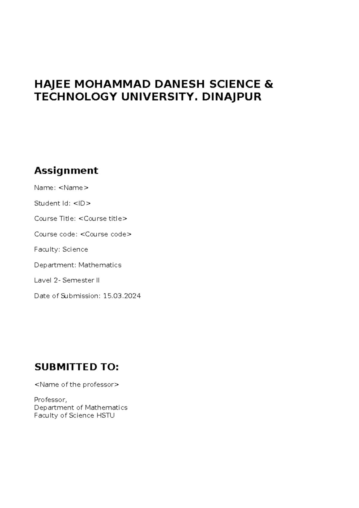 Assignment cover page - Mathematics III - HAJEE MOHAMMAD DANESH SCIENCE ...