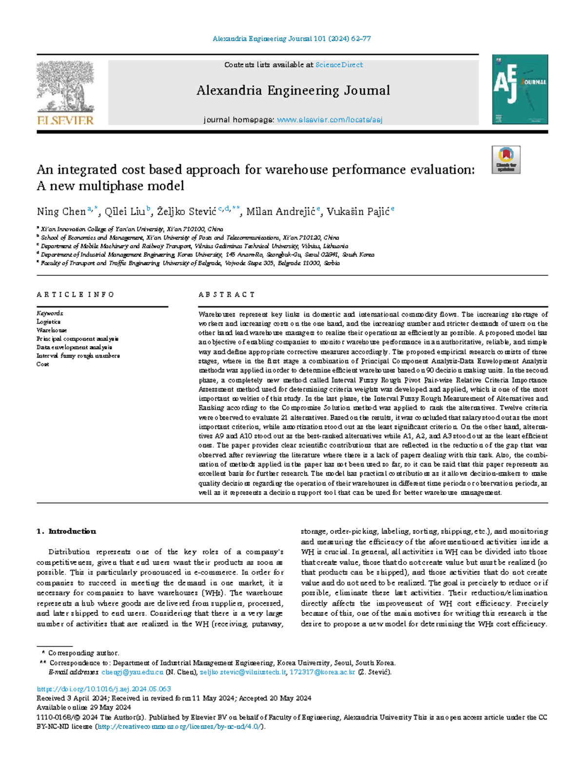 Integrated Cost-Based Model for Warehouse Performance Evaluation (ENG ...